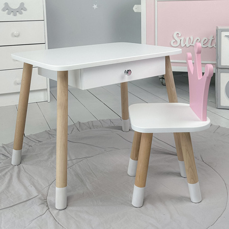 Table enfant avec tiroir et chaise Crown - couleur blanc et rose