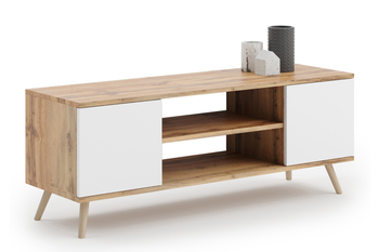 Meuble TV FOCUS 155 cm scandinave, pieds en bois - Chêne Craft / Blanc
