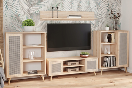 Meuble TV FOCUS 155 cm style scandinave, pieds en bois, motif rotin – Chêne Sonoma
