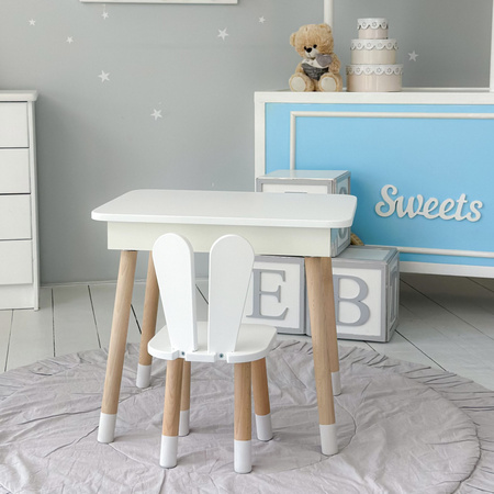 Table et chaise d'enfant en lapin. Table avec rangement pour crayons et livres de coloriage - couleur blanche