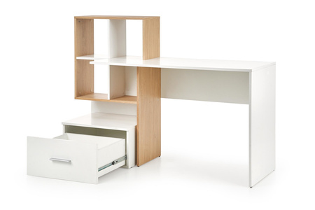 Bureau informatique GRAS avec bibliothèque et tiroir - Blanc / Chêne doré