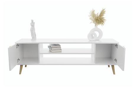 Meuble TV FOCUS 135 cm, style scandinave, pieds en bois - Blanc