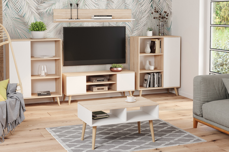 Table basse SANDI de style scandinave avec pieds en bois - Blanc / Chêne Sonoma