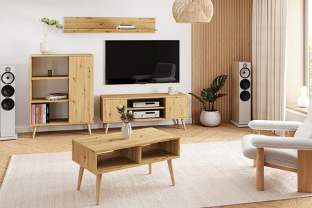 Meuble TV FOCUS 155 cm scandinave, pieds en bois - Chêne Artisan