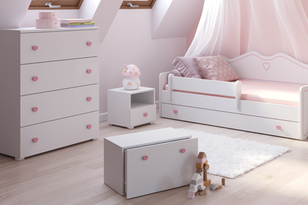 Coffre à jouets INGA - Blanc, poignées roses en forme de cœur