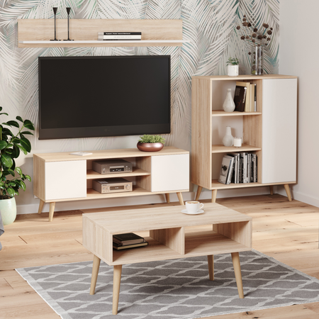 Commode FONDI armoire avec étagère, style scandinave, pieds en bois - Chêne Sonoma / Blanc