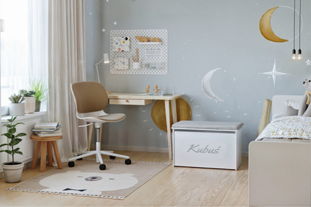 Coffre à jouets DARIA - Blanc avec imprimé, panneau gris