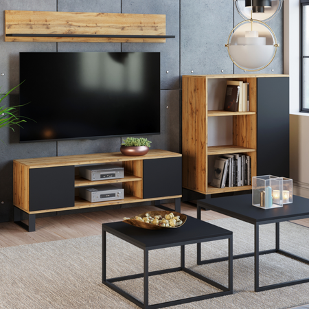 Commode FONDI avec armoire et étagère style loft, pieds en métal - Chêne Craft / Noir