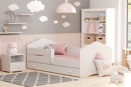 Lit enfant FALA 70x140 avec barrière, tiroir et graphisme - Ballerine couronnée