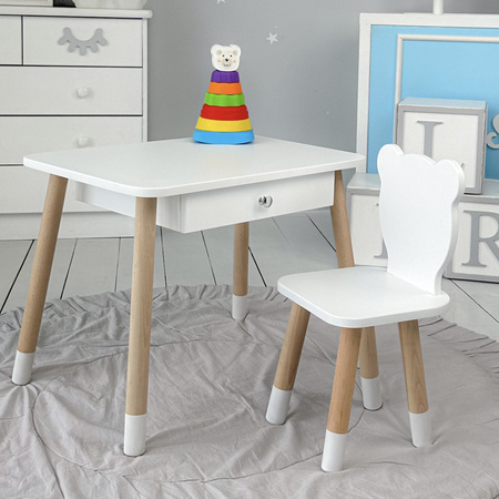 Table enfant ourson avec tiroir et chaise - blanc