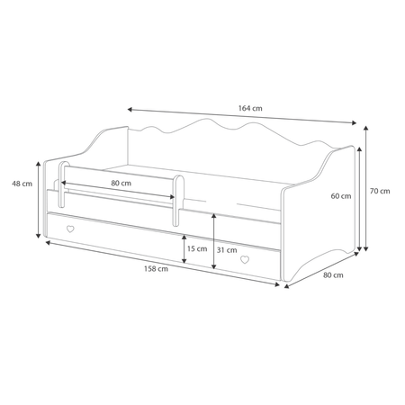 Lit pour enfant EMMA 80x160 avec barrière et tiroir - Blanc / Rose