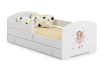 Lit enfant LUK 70x140 avec barrière, tiroir et graphique - Fillette avec des ailes